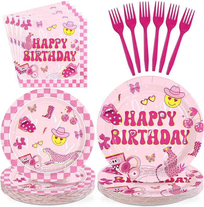 96Pcs Pink Checkered Preppy Birthday Party Supplies Serves 24 | Pink Smiley by Greencian