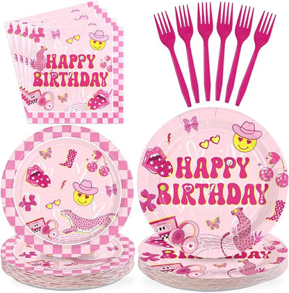 96Pcs Pink Checkered Preppy Birthday Party Supplies Serves 24 | Pink Smiley by Greencian