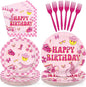 96Pcs Pink Checkered Preppy Birthday Party Supplies Serves 24 | Pink Smiley by Greencian
