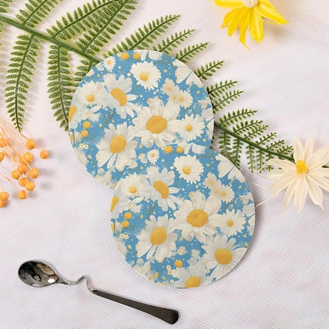 Polka Dots and Tender Chamomile Flowers Set of 4 Drink Coasters Heat Resistant - Image 3