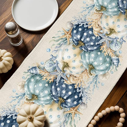 Blue Pumpkins Table Runners 72 Inches Long, Fall Thanksgiving Cotton Linen - Image 3