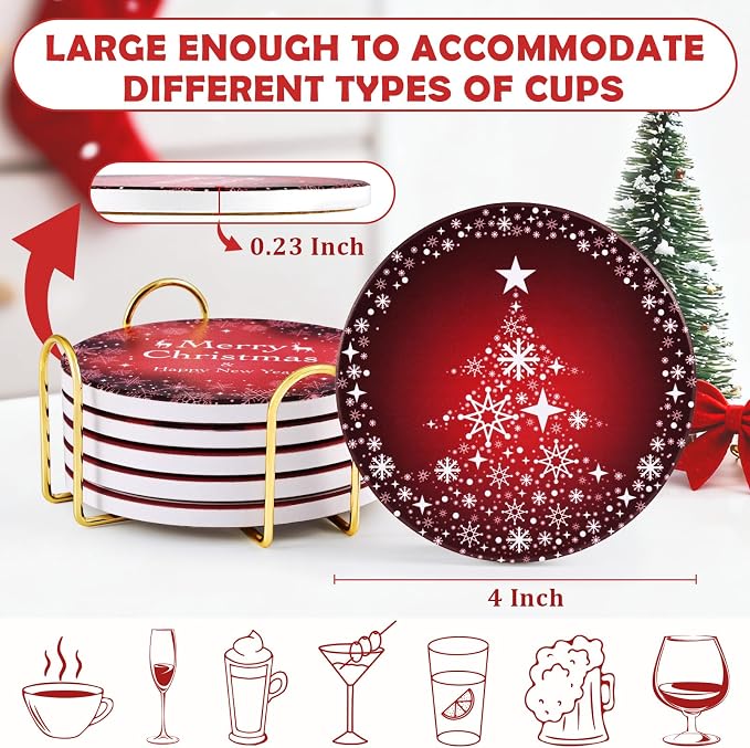 Christmas Coasters Set of 6, Absorbent Ceramic Xmas Holiday Drink Coasters | 4 - Image 6