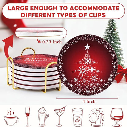 Christmas Coasters Set of 6, Absorbent Ceramic Xmas Holiday Drink Coasters | 4 - Image 6