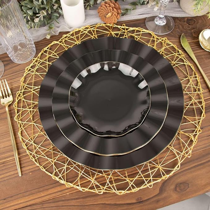 Efavormart 10 Pack | Black 6" Round Plastic Dessert Salad Plates, Disposable - Image 2