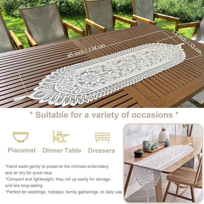 2Pcs Lace Table Runners with Tassels, Farmhouse Boho Doily Vintage Floral - Image 2