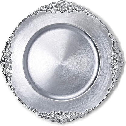 Allgala Heavy Quality Round Charger Plates - Set for Table Decor - Ideal for Weddings, Thanksgiving Parties & Holidays - Floral Silver (13-Inch 6-Pack)