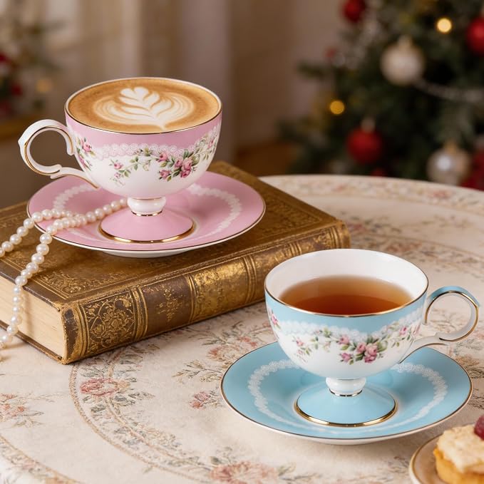 KAMMAK Tea Cups Set of 2, Ceramic Floral Pattern Demitasse Cup | Porcelain - Image 6