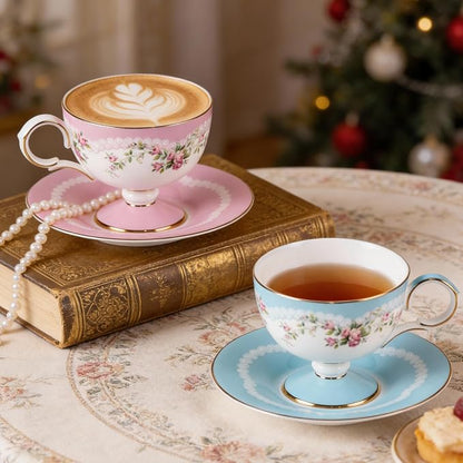 KAMMAK Tea Cups Set of 2, Ceramic Floral Pattern Demitasse Cup | Porcelain - Image 6
