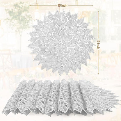 Placemats Set of 8, Round Hollow Out Flowers Place Mats for Dining Table Pressed Vinyl Blooming Leaf Table Mats for Holiday Party Wedding Accent Centerpiece Dinner Table Decoration (Silver)