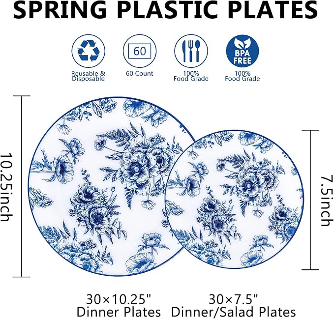 60PCS Blue Floral Plates Disposable - Image 2