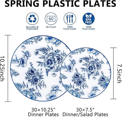 60PCS Blue Floral Plates Disposable - Image 2