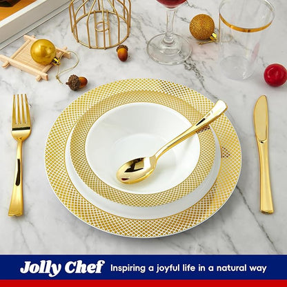 JOLLY CHEF 50 Pack Plastic Bowls with Gold Rim, 12 oz Disposable Soup Bowls, Heavy Duty Plastic Dinner Bowl for Weddings, Party, Dinners, Catering, Christmas and Everyday Use