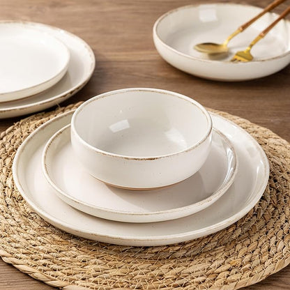 AmorArc Ceramic Dinnerware Sets with Pasta Bowls for 8, Handpainted Plates and Bowls Set with Rustic Terracotta Underside, Scratch Resistant Dishes Set, Dishwasher & Microwave Safe, 32 Pcs