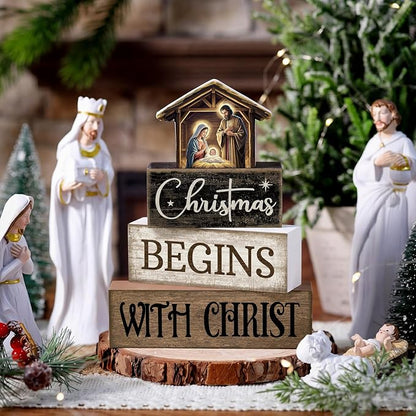 Moucuny 4 Pcs Christmas Table Decoration Christian Wooden Stacked Block Decor - Image 2