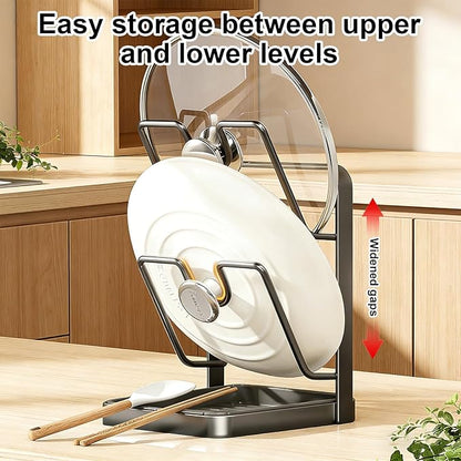 2026 Kitchen Pot Lid Storage Rack,Double-Layer Pot Lid Holder With Tray,Multifunctional Kitchen Pot Lid Organizer for Countertop