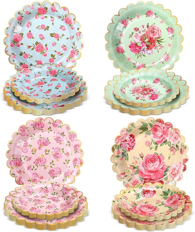 Pasimy 64 Pcs Floral Vintage Plates Paper Tea Party Tableware Set 9 Inch and 7 Inch Plates for Tea Party Birthday Baby Shower Wedding Bachelorette Party Supplies(Rose)