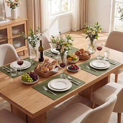 Artoid Mode Olive Green Faux Leather Placemats Set of 6, 12x18 Inch Waterproof Wipeable Heat Resistant Vinyl Place Mats, Reversible Table Mats for Kitchen Dining Decor