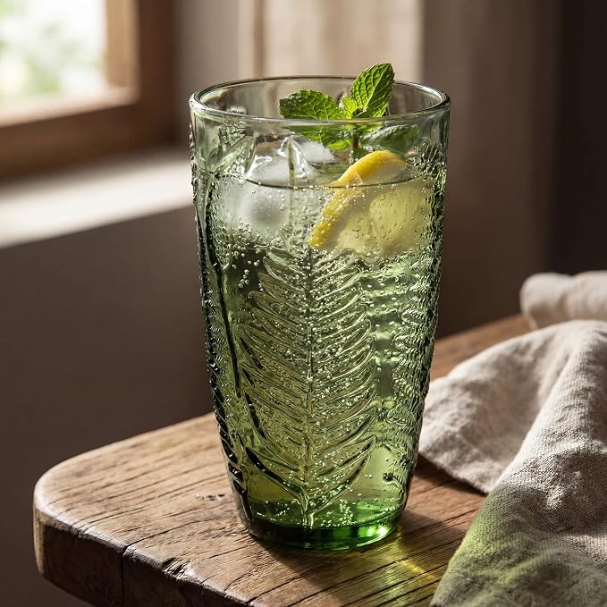 Green Drinking Glasses Set of 4, 16 oz Glass Cups, Vintage Fern Glassware | - Image 5