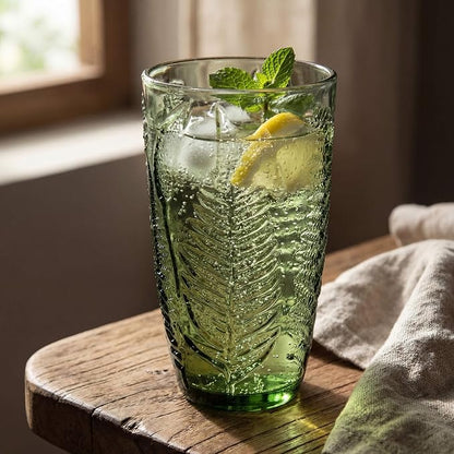 Green Drinking Glasses Set of 8, 16 oz Glass Cups, Vintage Fern Glassware | - Image 5