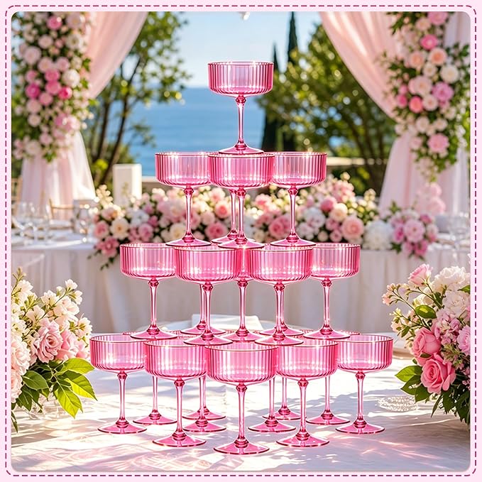24PCS Plastic Martini Glasses, Hot Pink Disposable Coupe Cups | 10oz Acrylic - Image 6