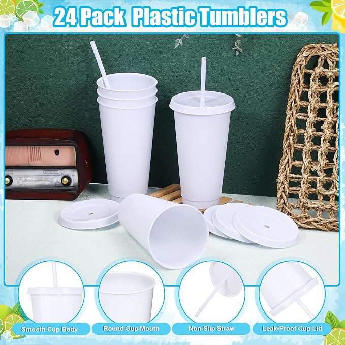 24 Pack Plastic Tumblers With Lids and Straws, Reusable 24 oz Colorful Cups - Image 2