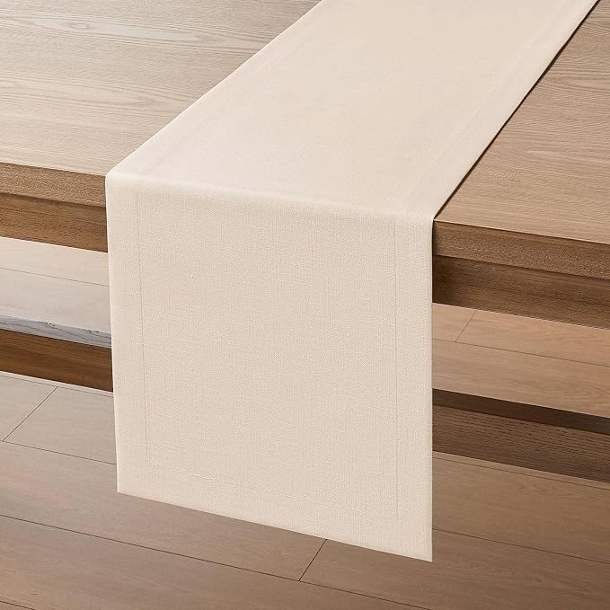 Linen Textured Border Table Runner, 14 x 36 Inch Cream | Mitered Corner Design - Image 7