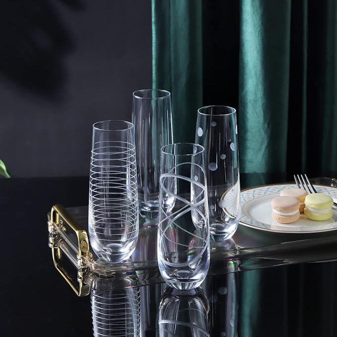 Joeyan Etched Champagne Flutes Glasses Cups, Handmade Mouth Blown Aesthetics - Image 2