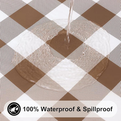 Smiry Rectangle Picnic Table Cloth, Elastic Waterproof Fitted Vinyl Tablecloths, Flannel Backed Buffalo Plaid Table Covers for Dining, Camping, Outdoor (White and Brown, 24" x 48")