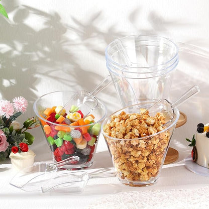 Sawysine 12 Pcs Acrylic Clear Serving Bowls with Plastic Kitchen Scoops Salad Serving Bowls Popcorn Scoops Angled Candy Bowl for Salad Cooking Parties(1.8 L)