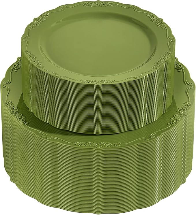 U-QE 100PCS Olive Green Plastic Plates - Plastic Green Plates Disposable Heavy Duty - Olive Disposable Plates for Party Including 50PCS 10'' Dinner & 50PCS 7.5'' Dessert Plate