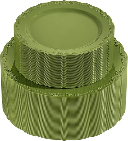 U-QE 100PCS Olive Green Plastic Plates - Plastic Green Plates Disposable Heavy Duty - Olive Disposable Plates for Party Including 50PCS 10'' Dinner & 50PCS 7.5'' Dessert Plate