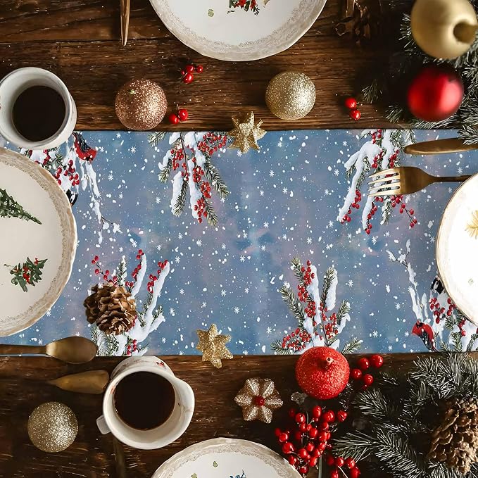 Merry Christmas Table Runner 120 Inches Long, Xmas Trees Snowman Snowflake - Image 4