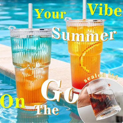 20oz Glass Tumblers with Lids and Straws, Ribbed Glassware - Image 5