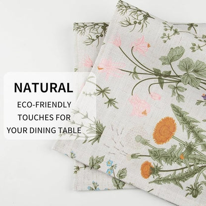 QIYI Boho Placemats Set of 4, 12x18 Inch Linen Fabric Floral Place Mats for Kitchen Dinning, Farmhouse Rustic Cloth Table Mats, Washable Placemat Botanical Party Table Décor, Wildflowers Herbs