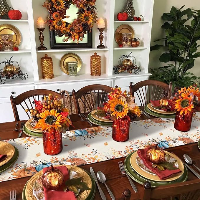 Orange Blue Pumpkin Fall Table Runner 108 Inches Long, Thanksgiving Eucalyptus - Image 6