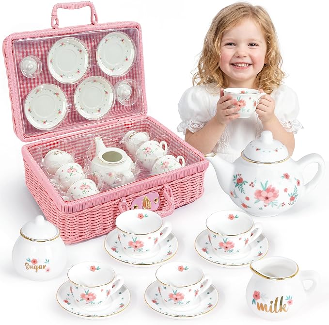 Porcelain Tea Set for Toddlers, Tea Party Set for Little Girls, Princess Party by iAOVUEBY