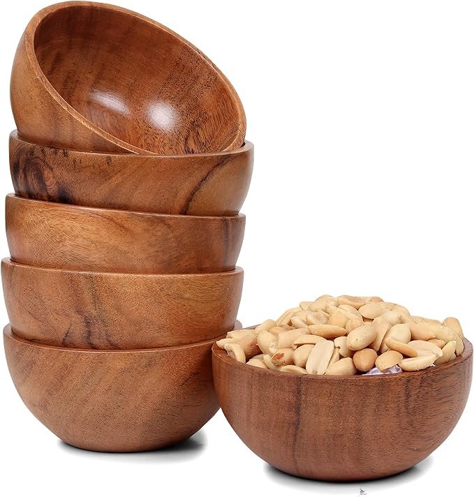 Set of 6 small acacia wood dessert bowls 4.2 * 2 inches | 8 oz capacity | by LAVAUXDESIGNS