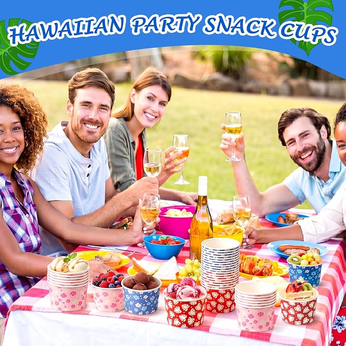 CHENGU 60 Pcs 9 oz Hawaii Hibiscus and Tropical Leaves Ice Cream Cups, Tropical - Image 4