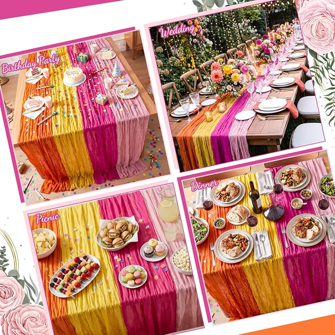 12 Pcs Pink and Orange Cheesecloth Gauze Table Runners | Sunset Soiree Party - Image 4