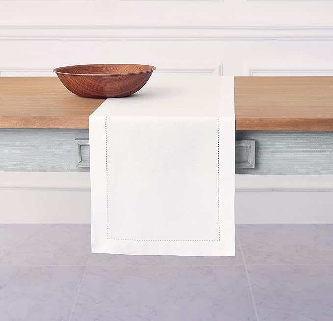 Solino Home Cotton Linen Dining Table Runner White Hemstitch, 14 x 108 in | by SolinoHome