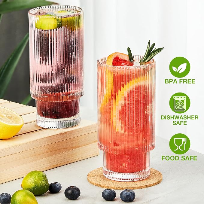 Qipecedm® 6 Pack Ribbed Drinking Glasses, 16 oz Vintage Glass Cups, Highball - Image 4