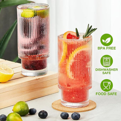Qipecedm® 6 Pack Ribbed Drinking Glasses, 16 oz Vintage Glass Cups, Highball - Image 4