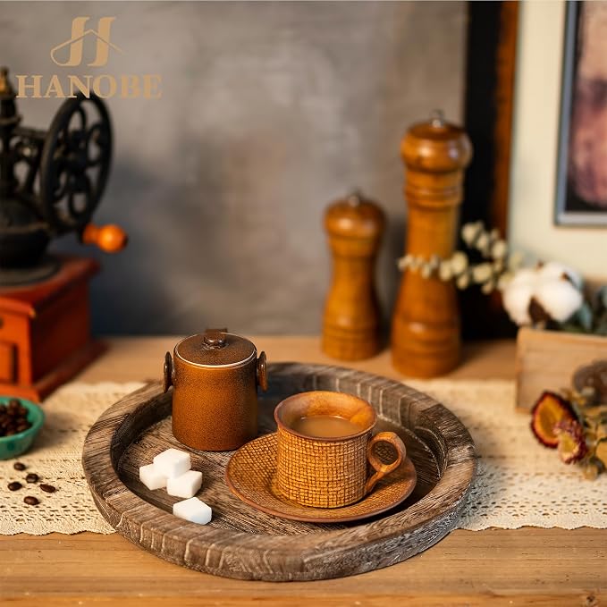 Hanobe Wooden Tray for Coffee Table, Decorative Round Candle Holder Plate | - Image 4