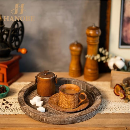 Hanobe Wooden Tray for Coffee Table, Decorative Round Candle Holder Plate | - Image 4