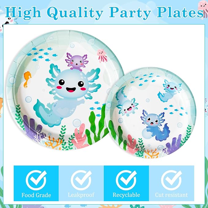 96Pcs Blue Axolotl Cute Cartoon Animals Party Plates Supplies Tableware - Image 3