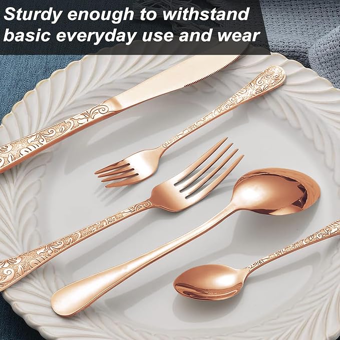 Runfly Vintage Carved Rose Gold Stainless Steel 20-Piece Flatware Set | - Image 4