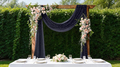Pearl Table Runner Gauze Sheer 19FT Wedding Draping Fabric Decor | Navy Blue - Image 2