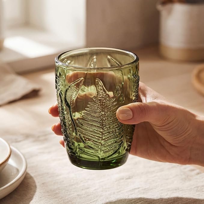 Vintage Green Drinking Glass, 10 oz Hand-Pressed Deep Textured Glass Cup - Image 2