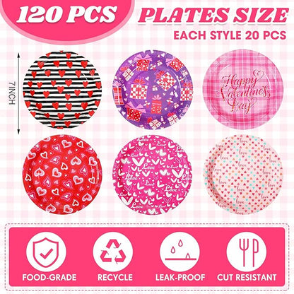 Umigy 120 Pcs Happy Valentine's Day Party Plates 7 Inch Valentine's Day Paper Plates, Heart Printed Disposable Decorative Tableware for Mother's Day, Wedding Birthday Party