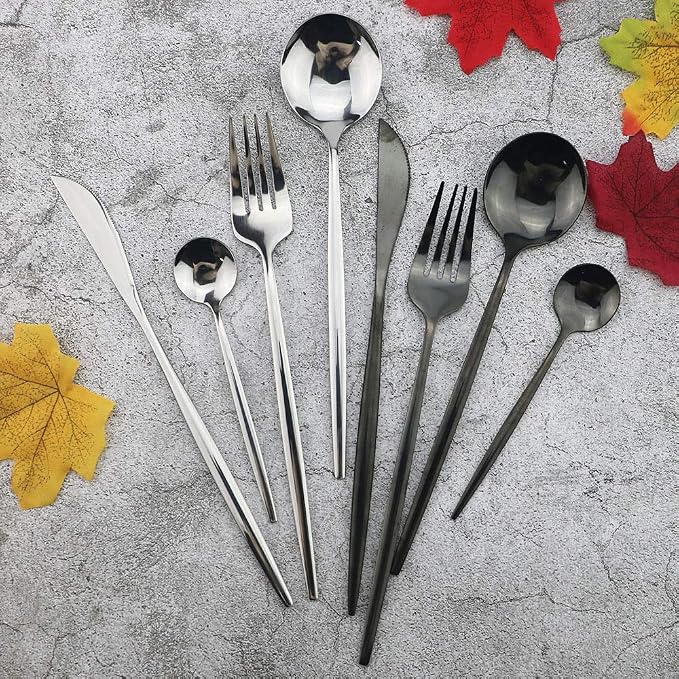 JASHII Black Flatware Serving Set 24 Piece, Stainless Steel Silverware Set - Image 6